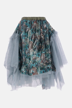 asymmetric skirt in printed nylon and tulle