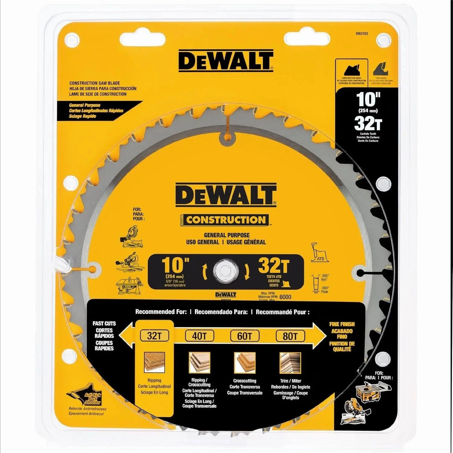 DEWALT DW3103-Series 20 10-Inch 32 Tooth Atb Thin Kerf General Purpose Saw Blade With 5/8-Inch Arbor