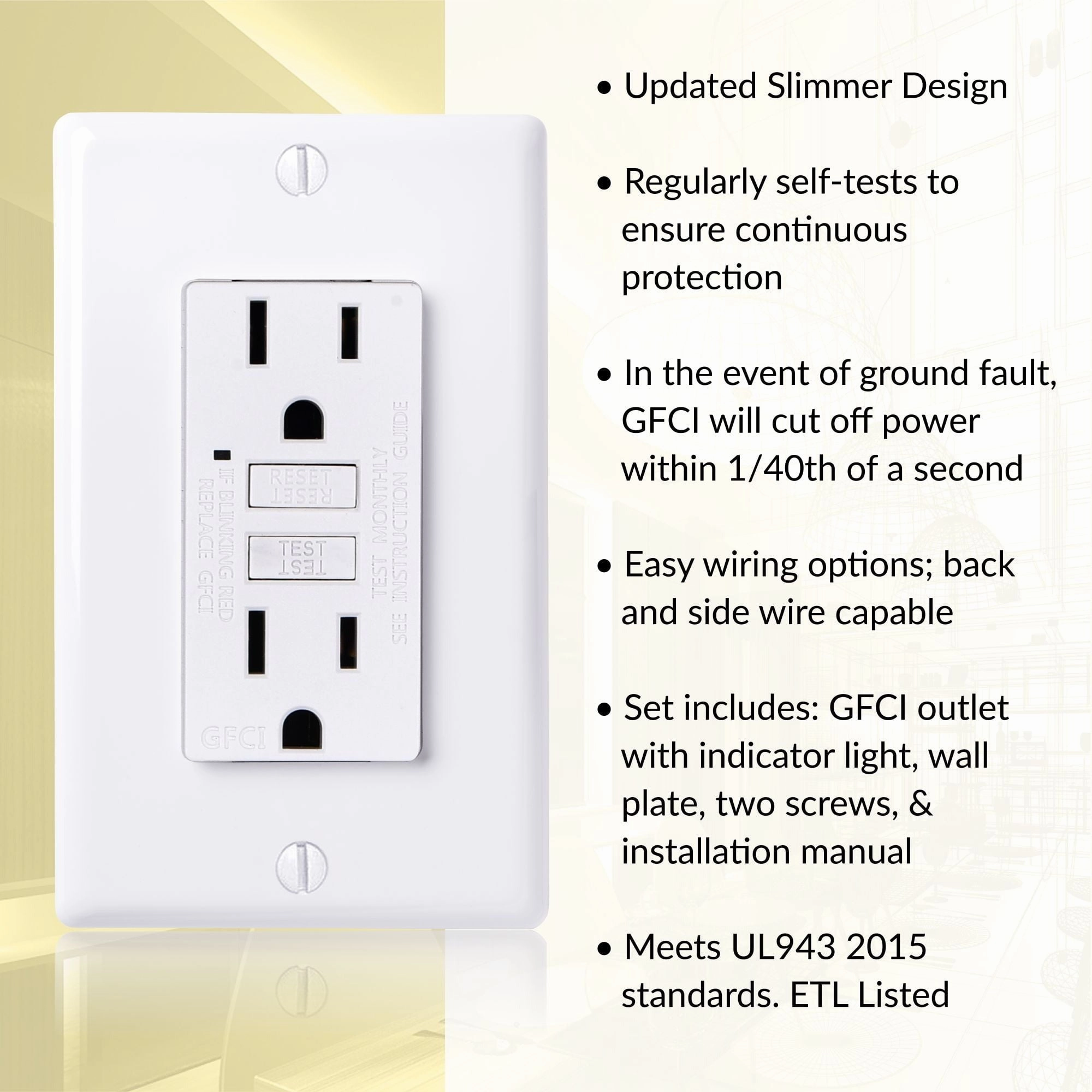 Faith GLS-15A-WH 15A GFCI Receptacle with Wall Plate Outlet, Slim White