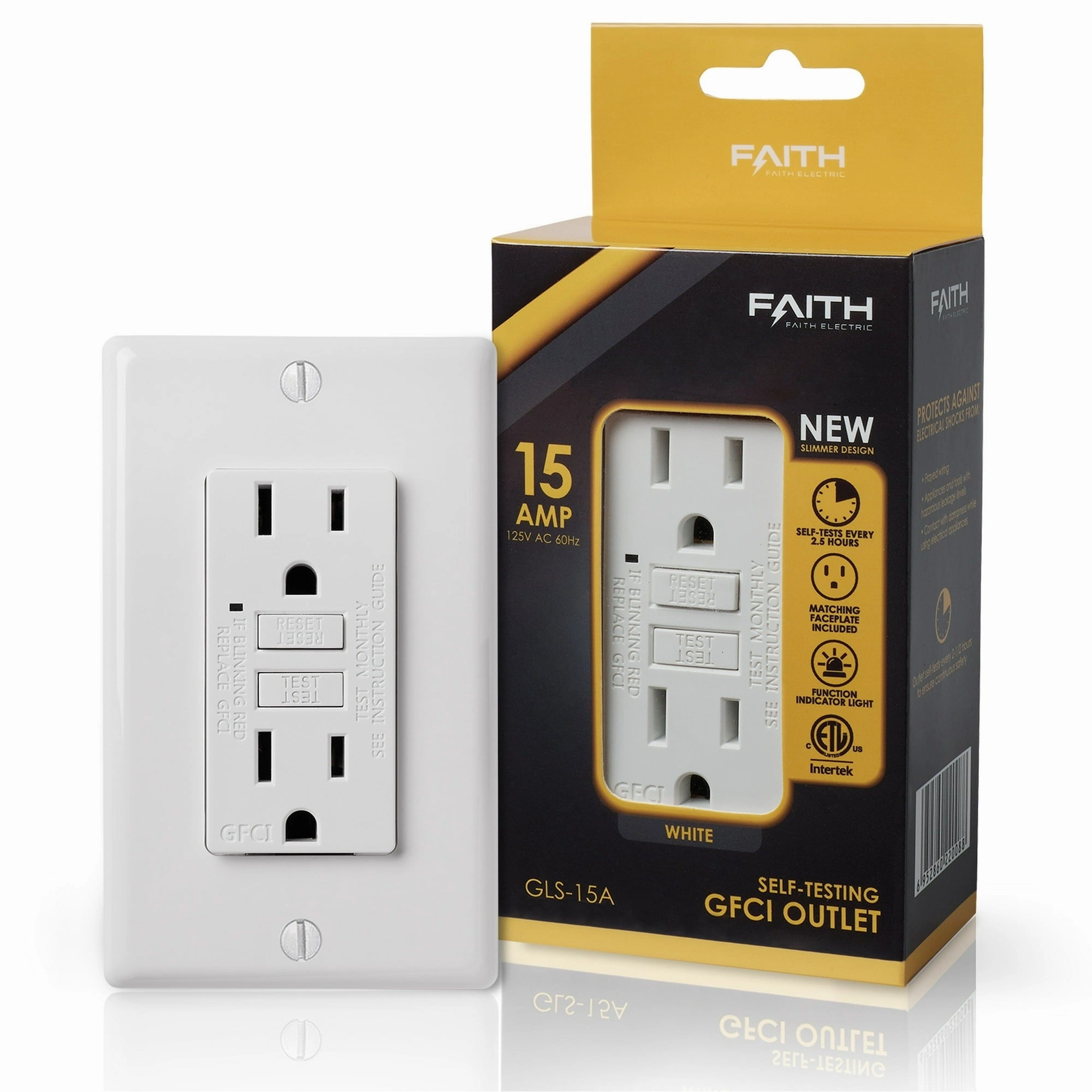 Faith GLS-15A-WH 15A GFCI Receptacle with Wall Plate Outlet, Slim White