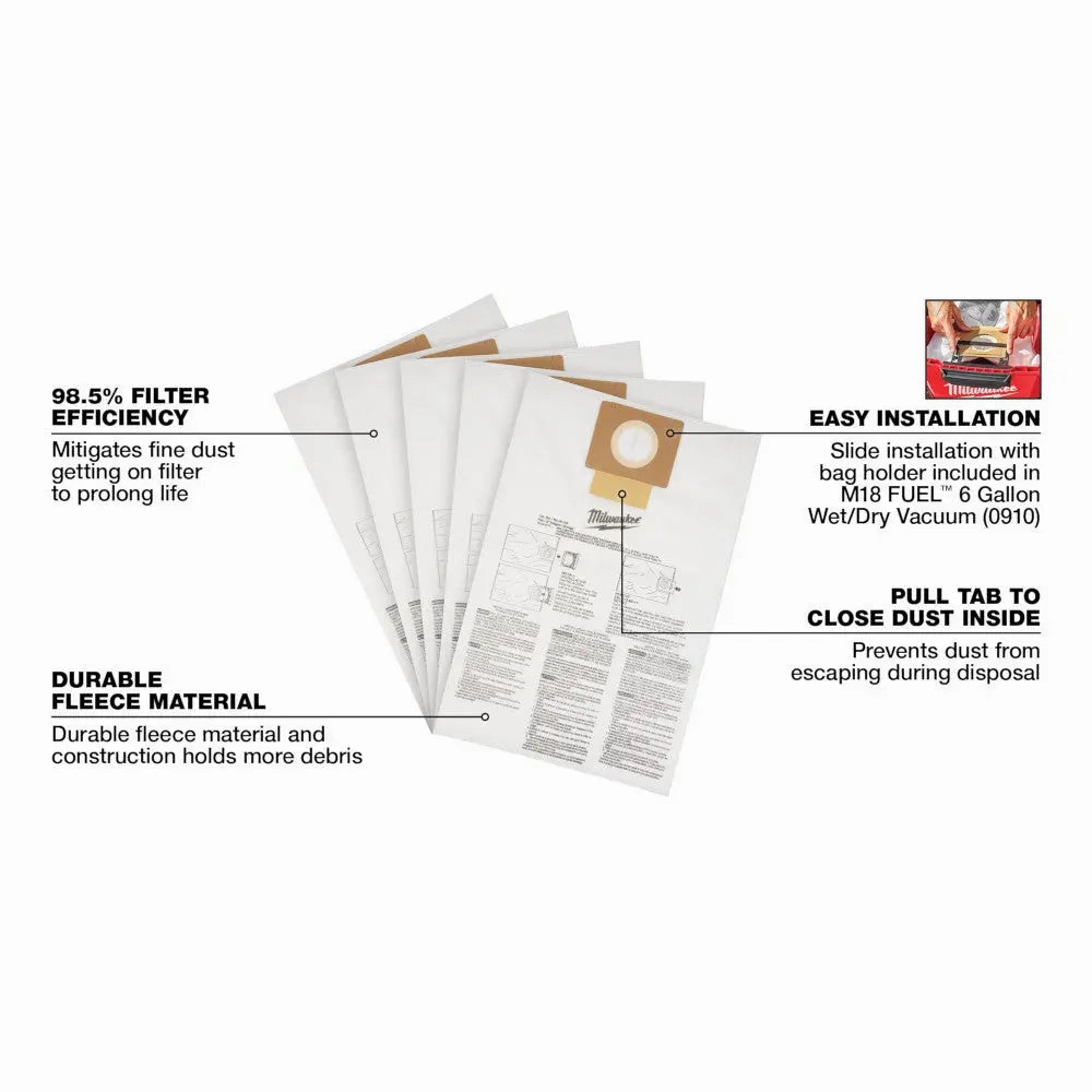 Milwaukee 49-90-1979 - Fleece Dust Bags (5PK) - 6 Gallon