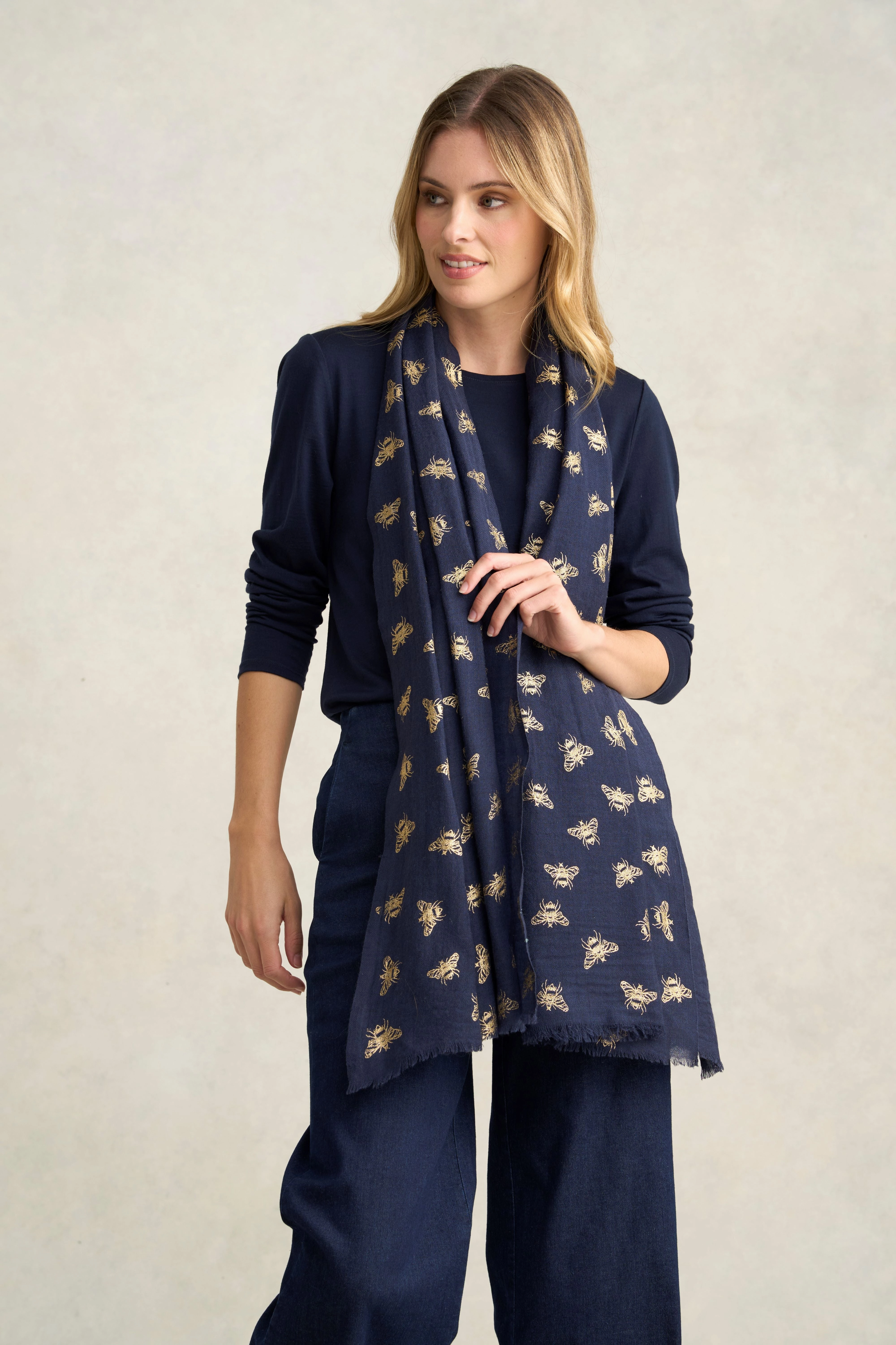 Navy Bee Foil Wool Scarf