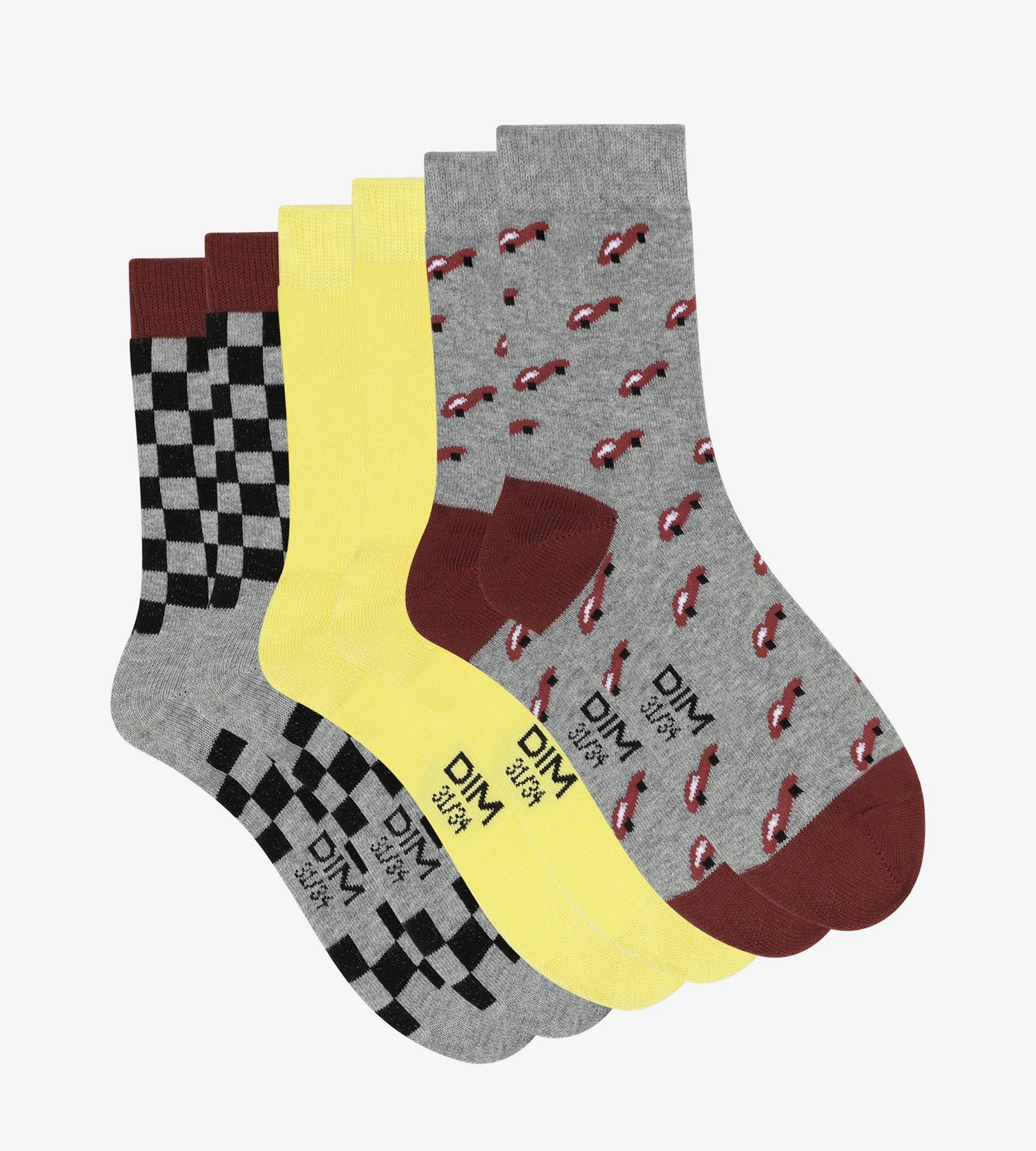 Pack of 3 pairs of checkered children's socks in Gray Yellow Cotton Style