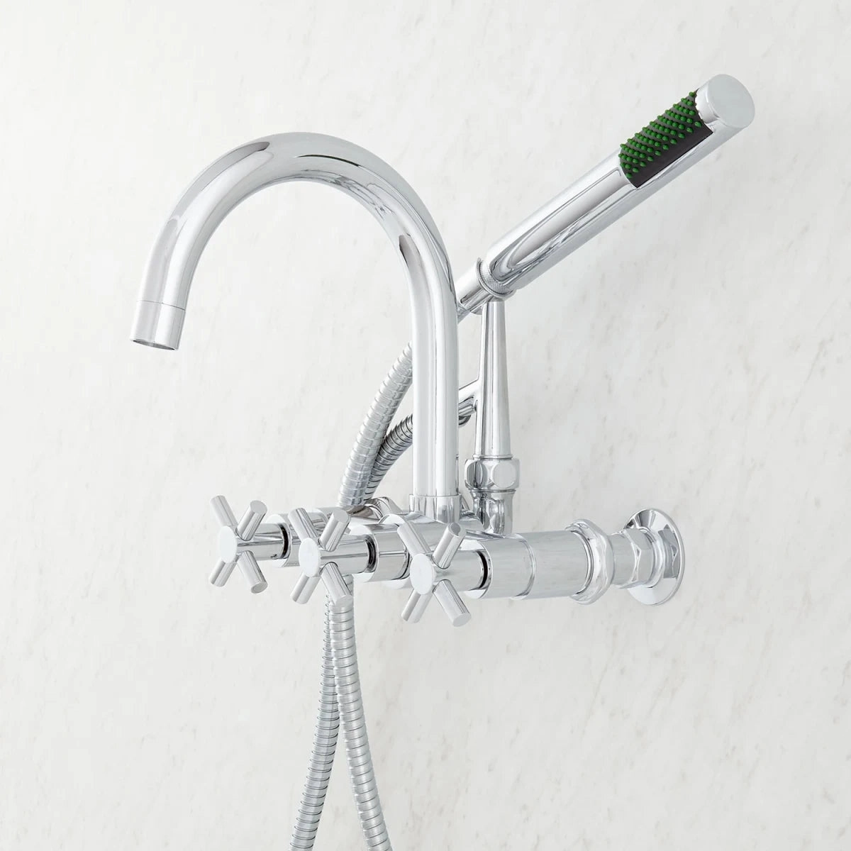 Signature Hardware HL-621T-CH-U Sebastian Wall Mounted Tub Filler Faucet with 2" Wall Couplers and Cross Handles - Includes Hand Shower