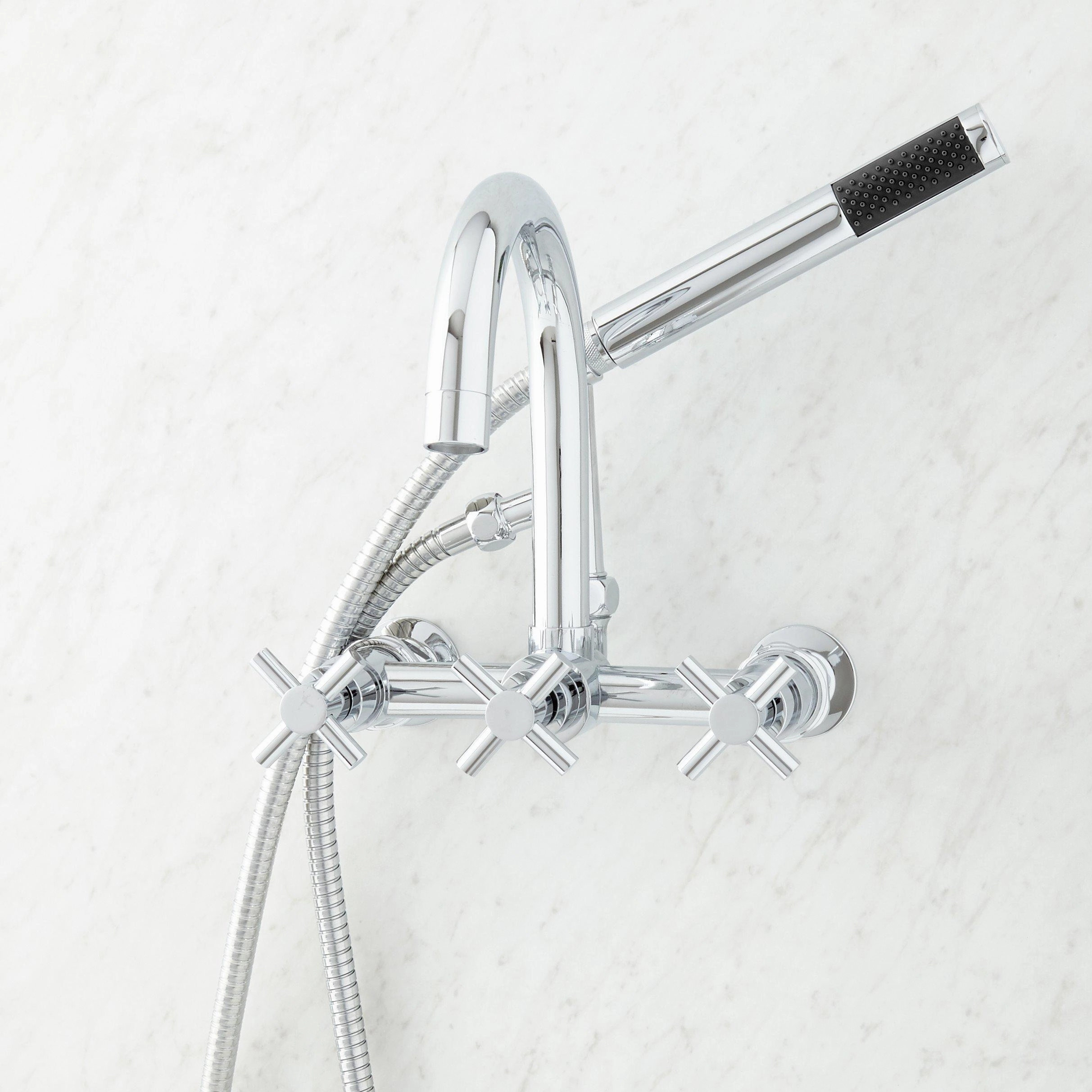 Signature Hardware HL-621T-CH-U Sebastian Wall Mounted Tub Filler Faucet with 2" Wall Couplers and Cross Handles - Includes Hand Shower