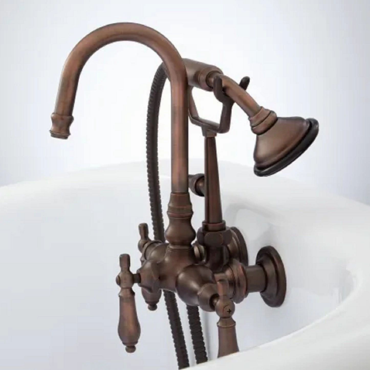 Signature Hardware RL-402-ML-ORB Gooseneck Tub Faucet with Hand Sprayer and Metal Lever Handles - Oil Rubbed Bronze. Showerhead and escutcheon to be made of brass plate.