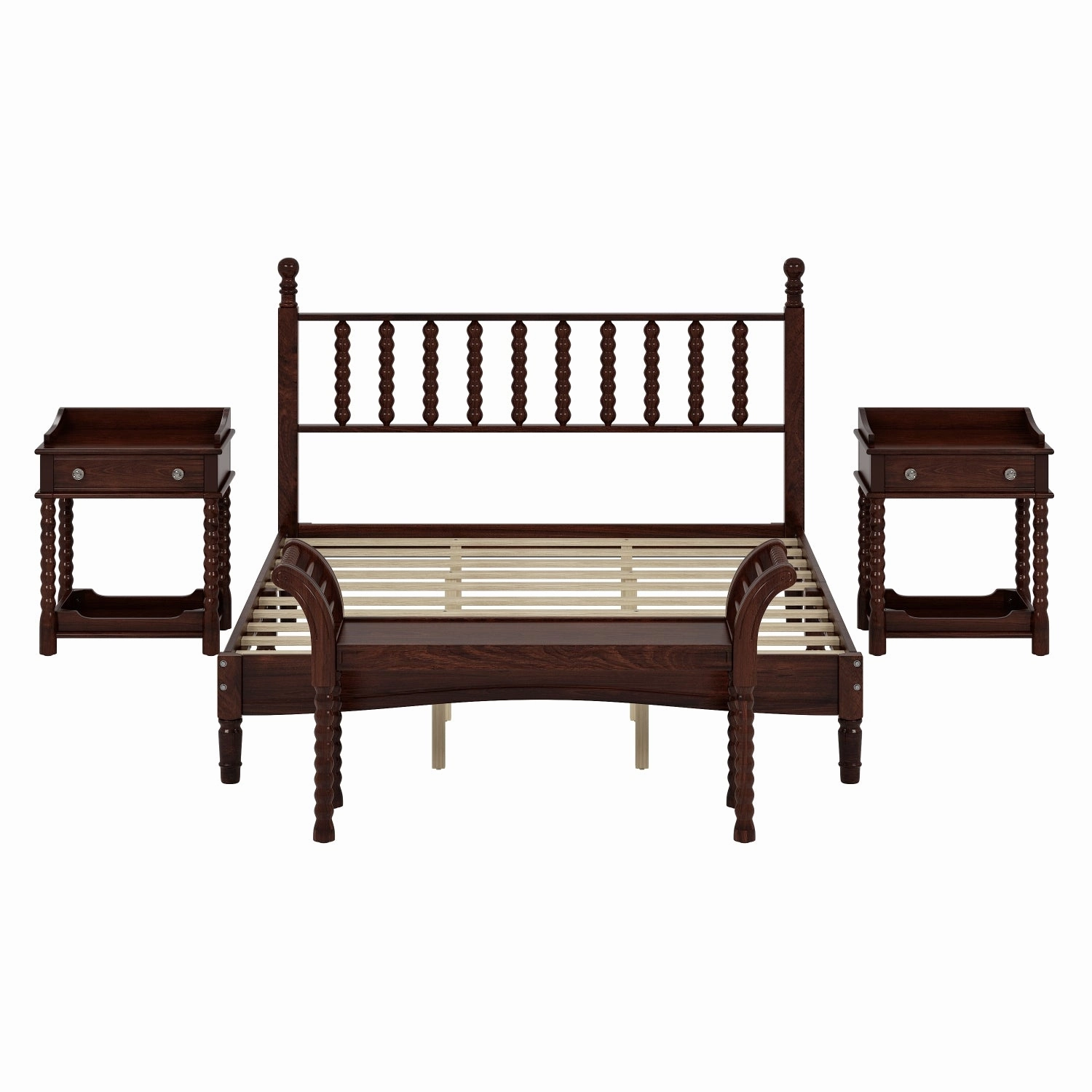 Streamdale Queen Bed Set with Retro Gourd Headboard, Storage Nightstand, Bench