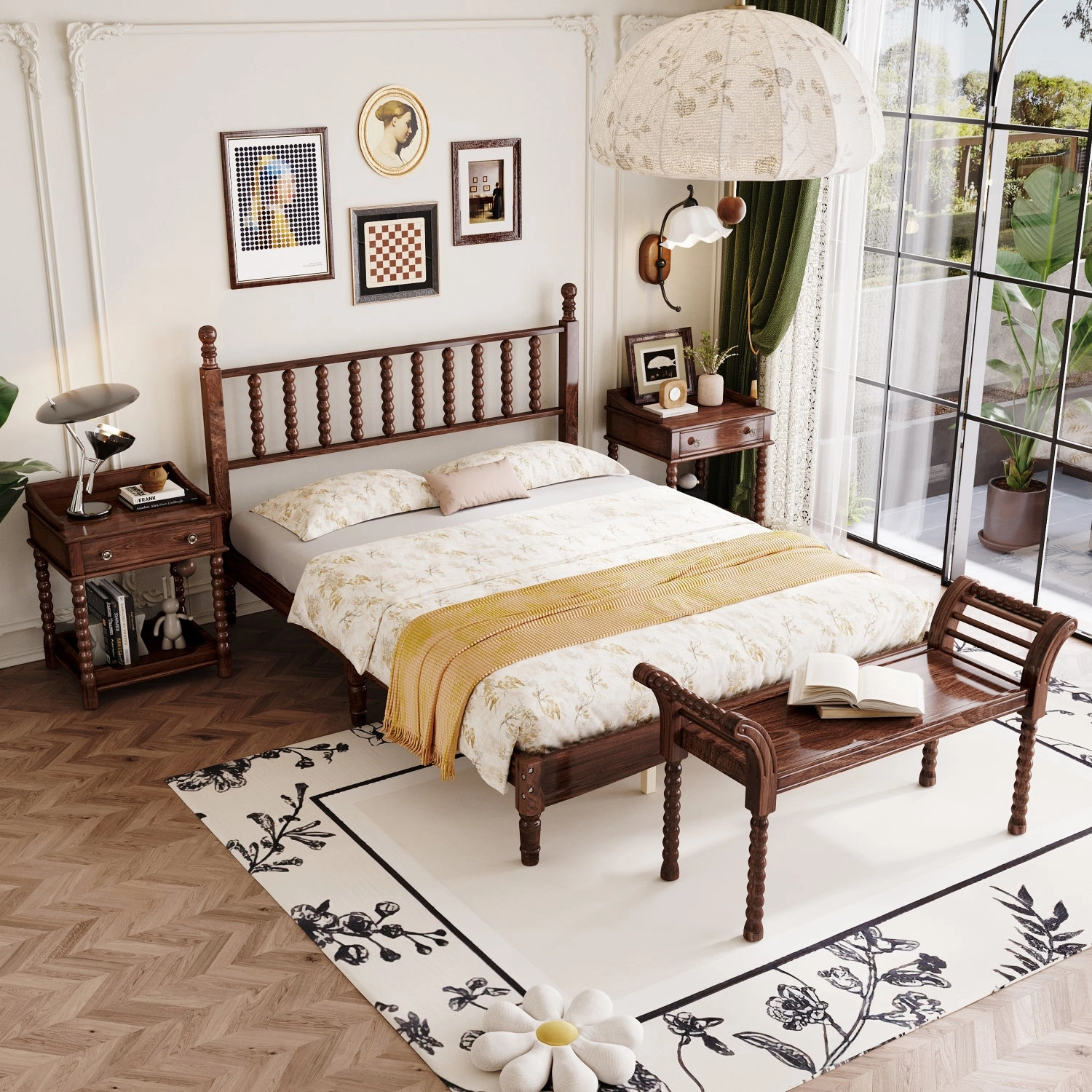 Streamdale Queen Bed Set with Retro Gourd Headboard, Storage Nightstand, Bench