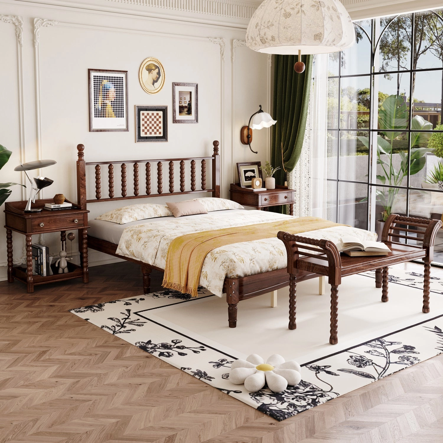 Streamdale Queen Bed Set with Retro Gourd Headboard, Storage Nightstand, Bench