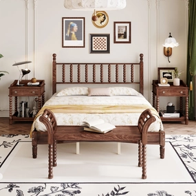 Streamdale Queen Bed Set with Retro Gourd Headboard, Storage Nightstand, Bench