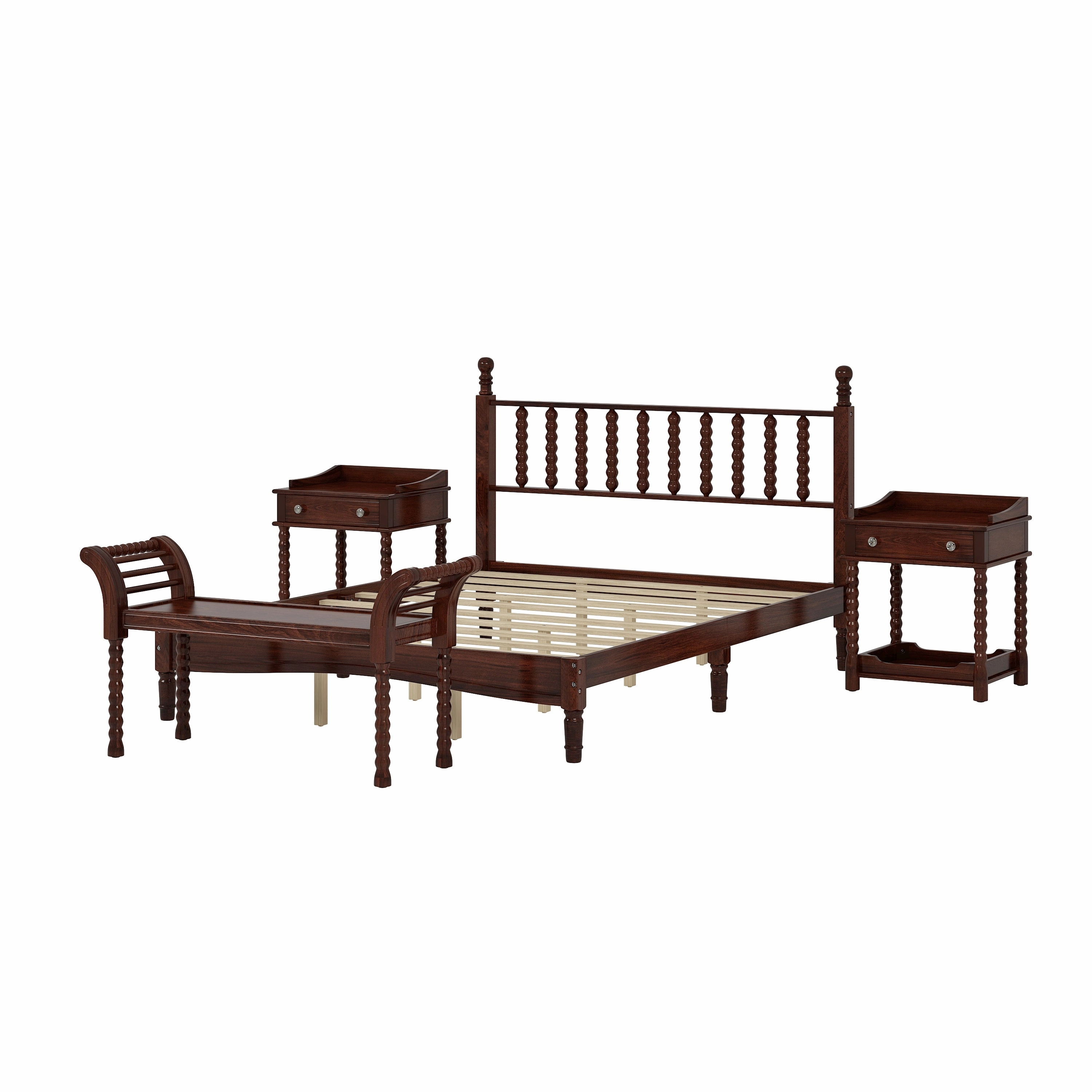 Streamdale Queen Bed Set with Retro Gourd Headboard, Storage Nightstand, Bench