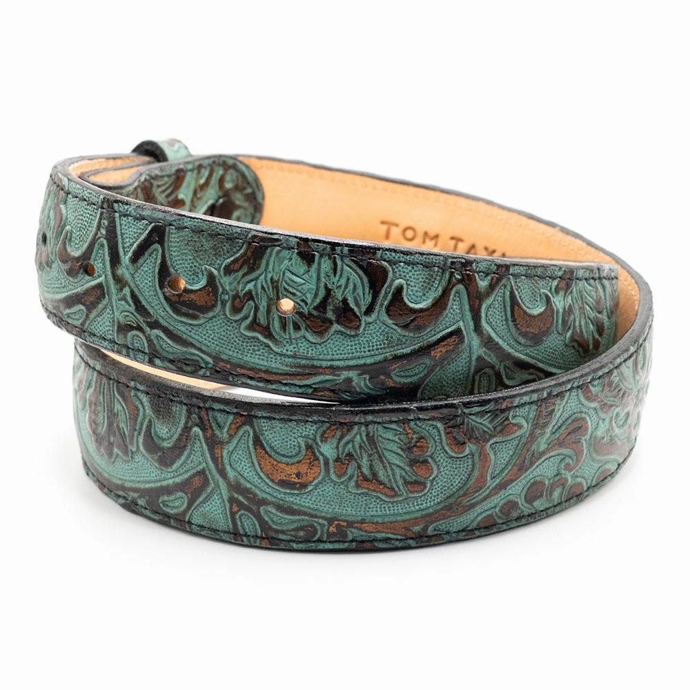 Turquoise Blue Embossed Leather Belt Straps